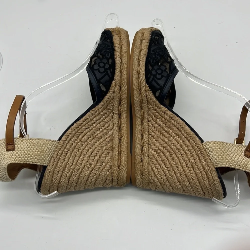Tory Burch Navy Floral Lace Wedge Espadrilles size 10